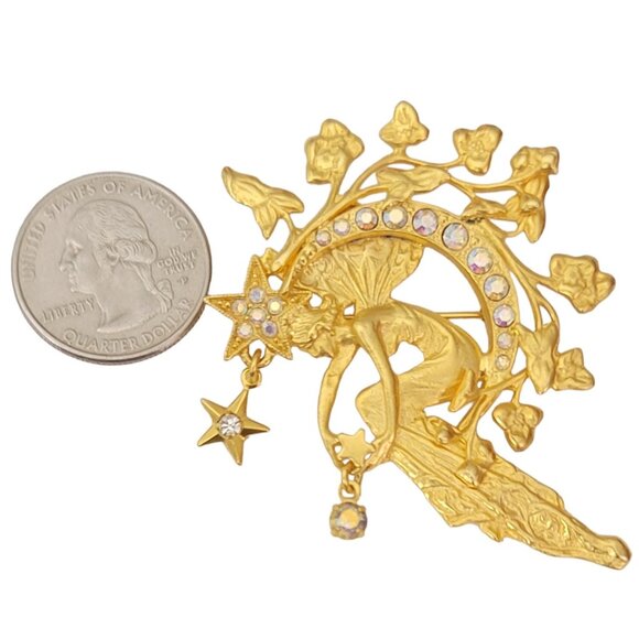 Kirk's Folly Gold Tone  Beautiful Fairy On A Crescent Moon Star Dangle Brooch - Picture 2 of 9